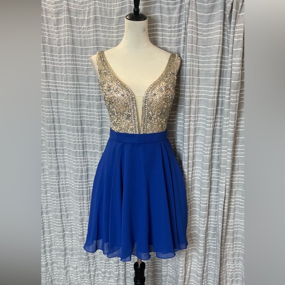 Jovani Royal Blue Dress with Gold Sequin Bodice